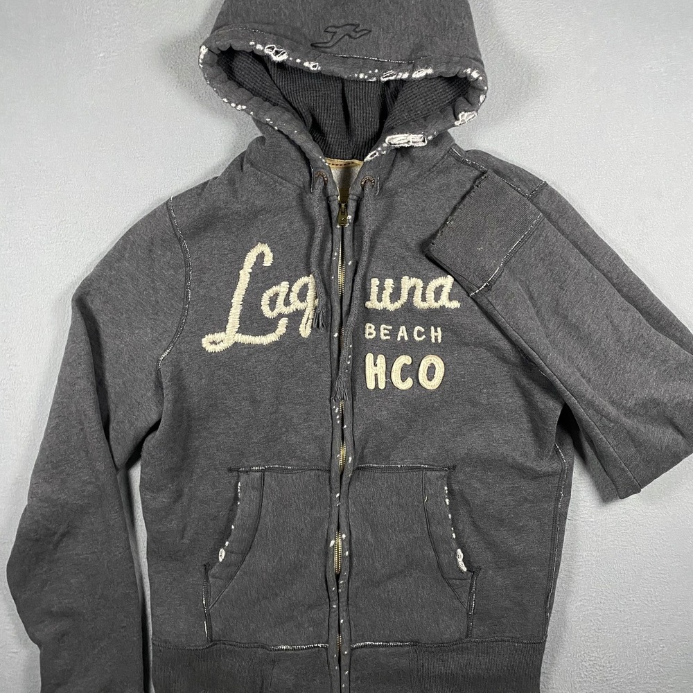 Y2K Hollister Laguna Beach HCO Zip Hoodie Mens XL Gray Distressed Sweatshirt